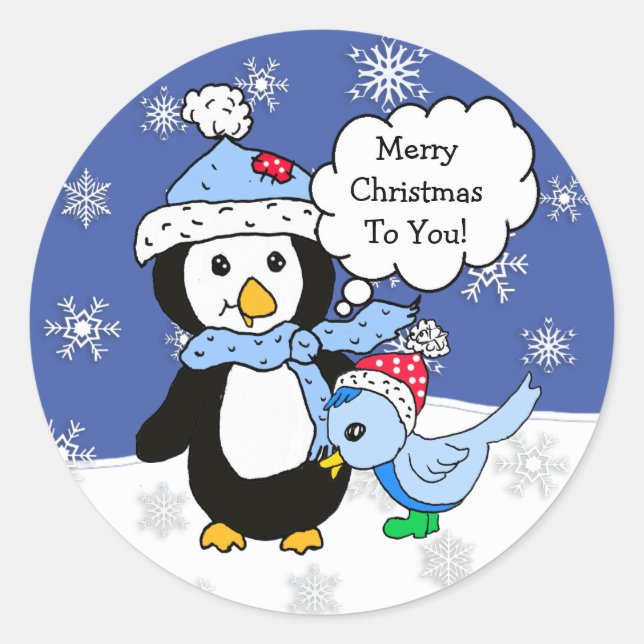Sticker Rond Pingouin de Noël et Oiseau bleu neigeux (Devant)