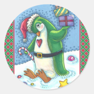 STICKER ROND PINGOUIN DE NOËL FRAÎCHE EN VERT, VACANCES