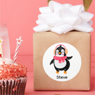 Sticker Rond Pingouin de Noël Jolly en écharpe avec des bouffée