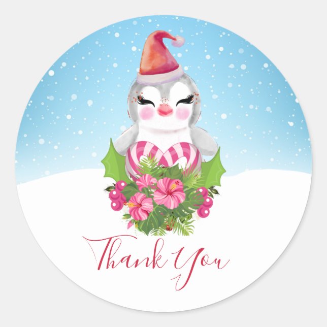 Sticker Rond Pingouin de Noël mignon en Merci de Santa Hat (Devant)