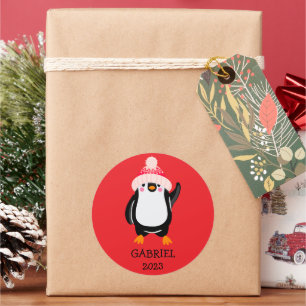 Sticker Rond Pingouin de Noël mignon personnalisé en Casquette