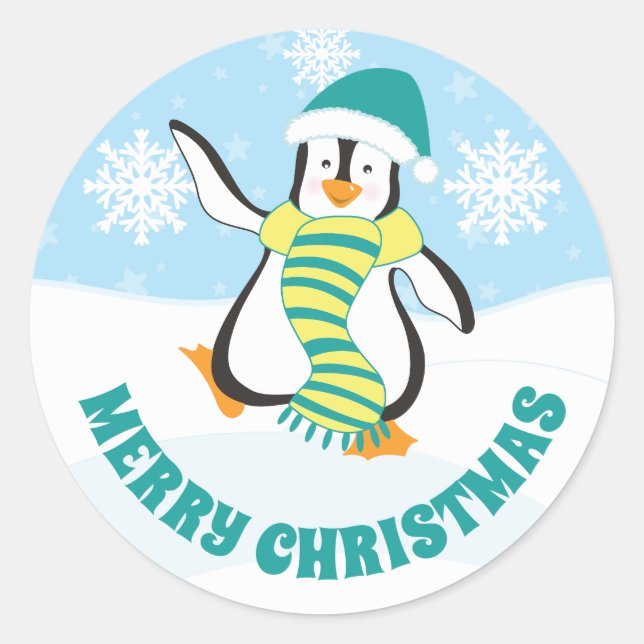 Sticker Rond Pingouin de Noël Turquoise et Jaune Casquette (Devant)