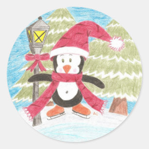 Sticker Rond Pingouin de patinage sur glace