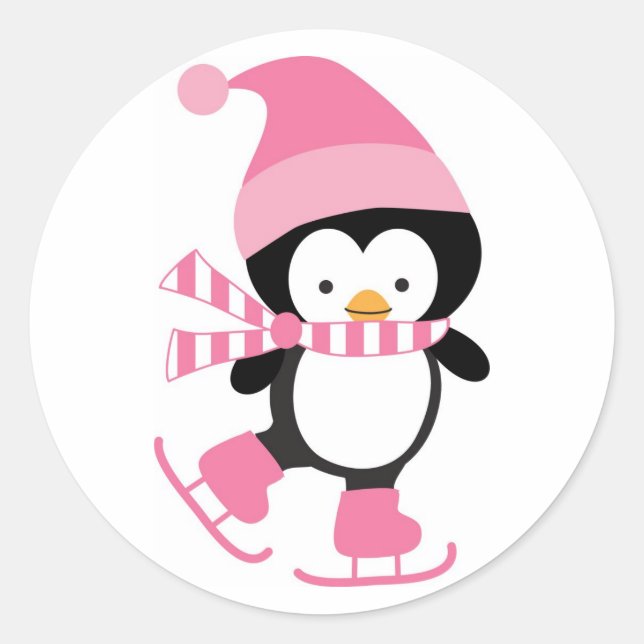 Sticker Rond Pingouin de patinage sur glace mignon en rose (Devant)