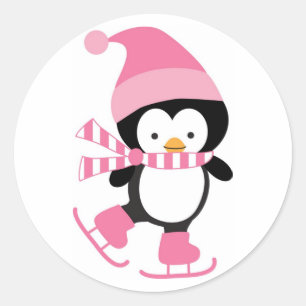 Sticker Rond Pingouin de patinage sur glace mignon en rose