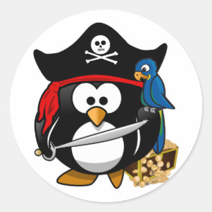Sticker Rond Pingouin de pirate mignon avec coffre au trésor