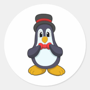 Sticker Rond Pingouin en forme de groom avec ruban et Casquette