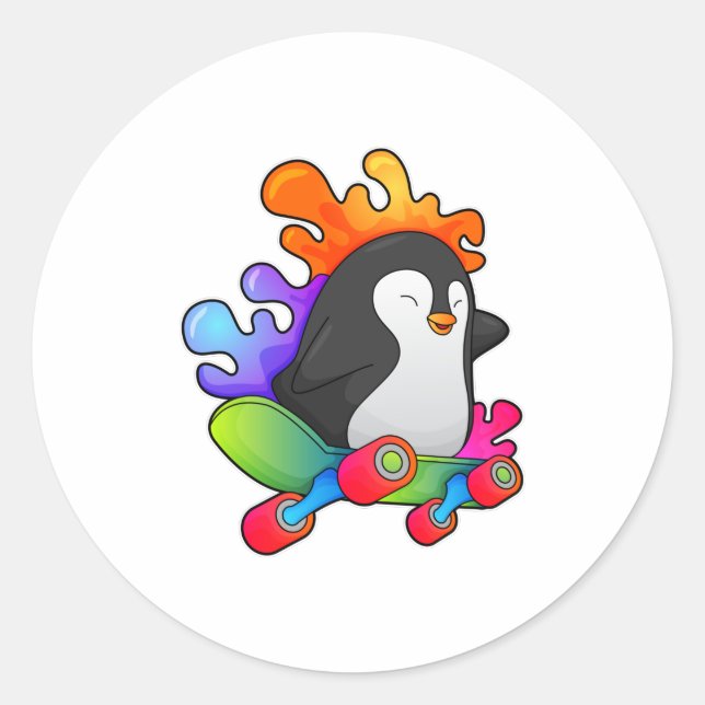 Sticker Rond Pingouin en patinage avec skateboard (Devant)