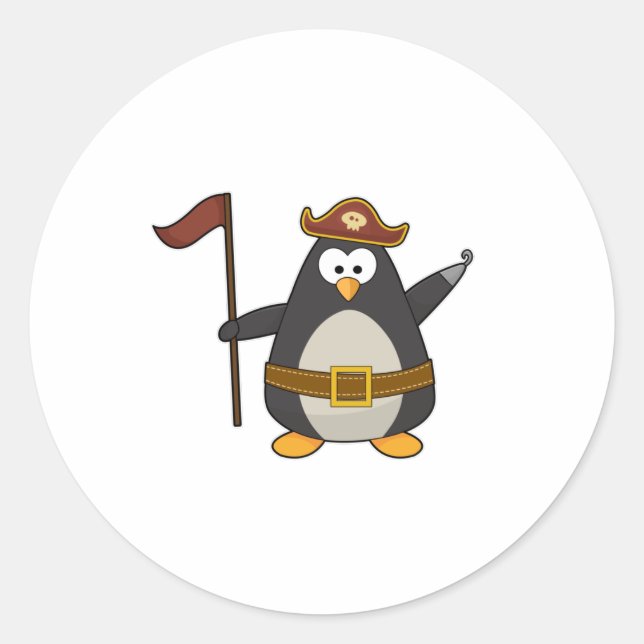 Sticker Rond Pingouin en pirate avec ceinture de pirate et Casq (Devant)