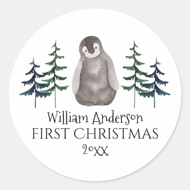 Sticker Rond Pingouin et arbre de Noël personnalisés (Devant)
