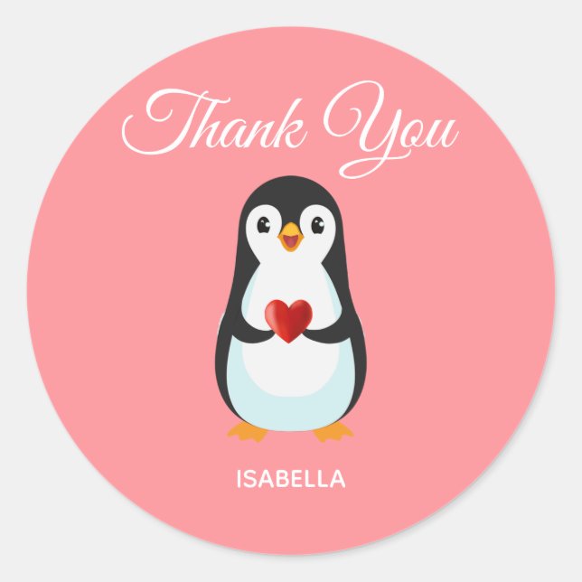 Sticker Rond Pingouin mignon avec coeur sur Merci rose (Devant)