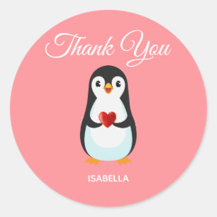 Sticker Rond Pingouin mignon avec coeur sur Merci rose