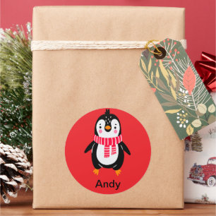 Sticker Rond Pingouin mignon en rouge rayures Écarf