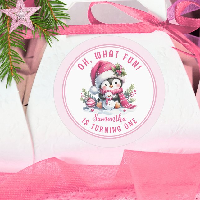 Sticker Rond Pingouin mignon Oh Quel Amusant hiver fille 1er an (Créateur téléchargé)