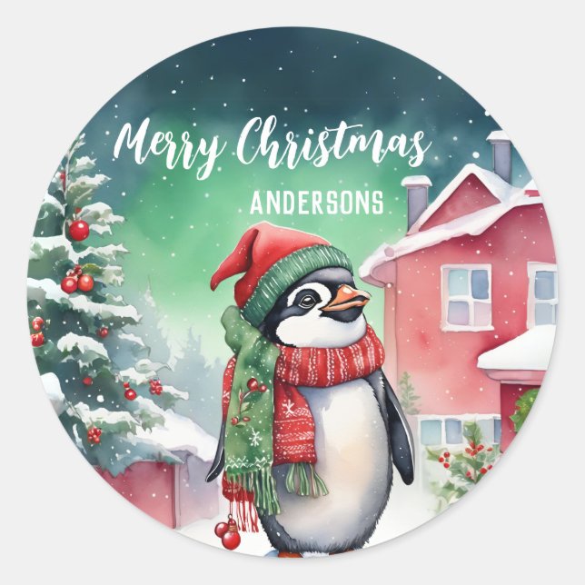 Sticker Rond Pingouin mignon Père Noël Noël fête de neige (Devant)