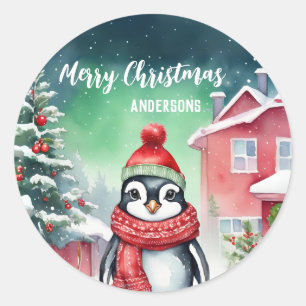 Sticker Rond Pingouin mignon Père Noël Noël fête de neige