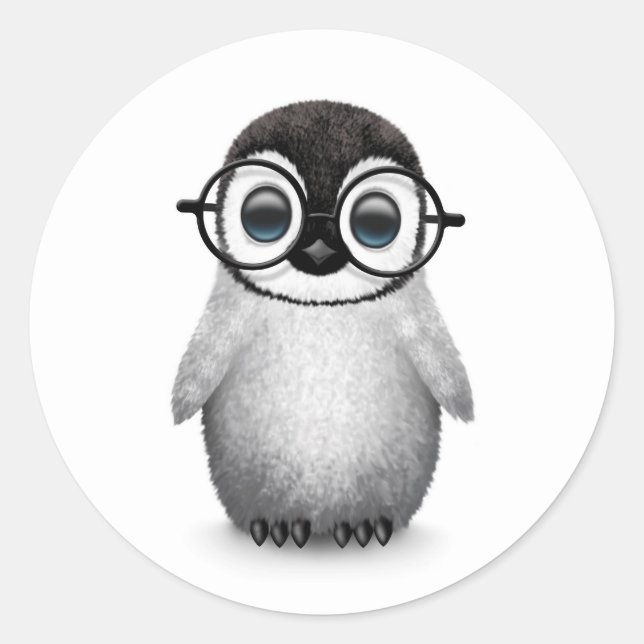 Sticker Rond Pingouin mignon portant des lunettes d'oeil sur bl (Devant)