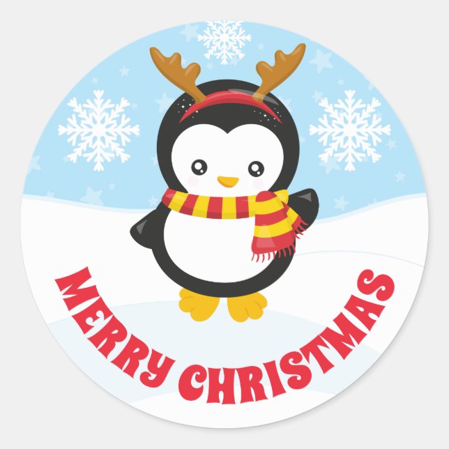 Sticker Rond Pingouin mignon pour enfants à Antlers Joyeux Noël (Devant)