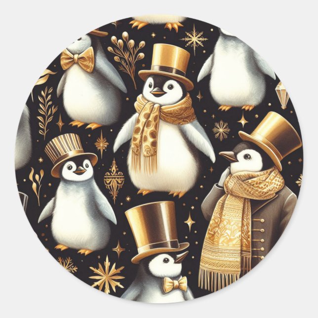 Sticker Rond Pingouin noir et doré (Devant)