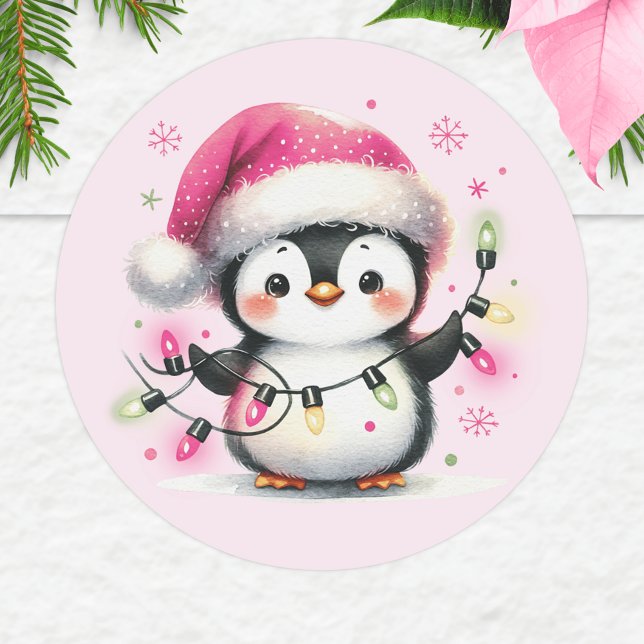 Sticker Rond Pingouin rose mignon avec lumières de Noël (Créateur téléchargé)