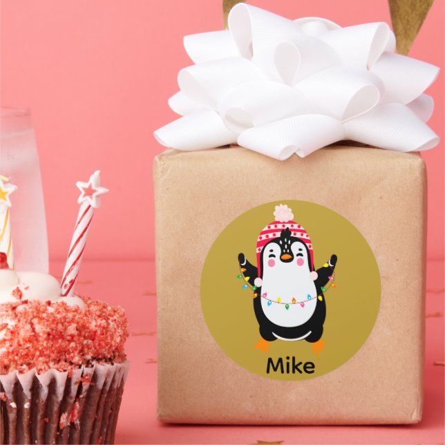 Sticker Rond Pingouin scintillant avec lumières de Noël (Fête)