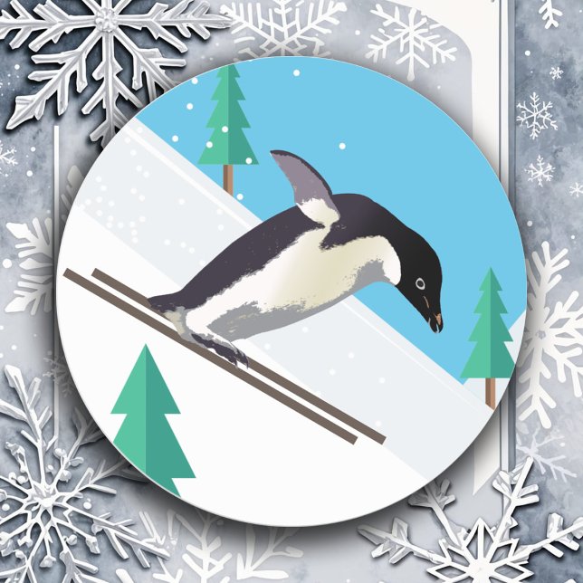 Sticker Rond Pingouin Ski Amusant Hiver Enfants Artisanat Sport (Silly Downhill Skiing Penguin sticker, whimsical polar Winter bird dashing through the snow)