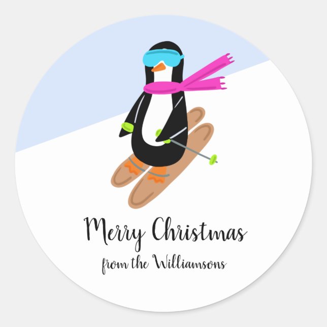 Sticker Rond Pingouin Ski cadeau de Noël de vacances d'hiver (Devant)