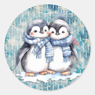 Sticker Rond Pingouins D'Aquarelle Bleu D'Hiver Avec Écharpes