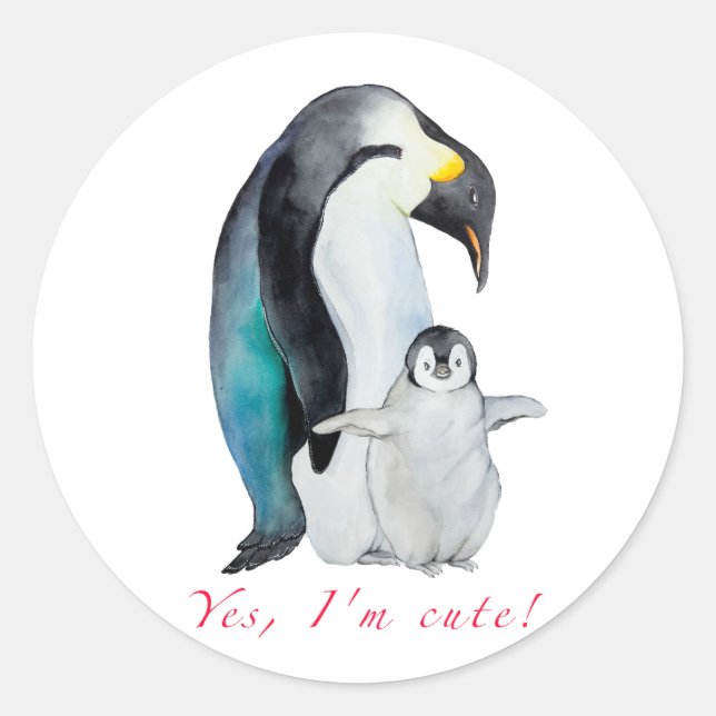 Sticker Rond Pingouins empereurs d'aquarelle mignons (Devant)