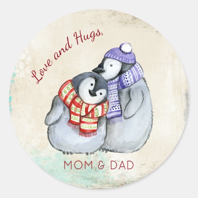 Sticker Rond Pingouins longs Noël Personnalisé (Devant)