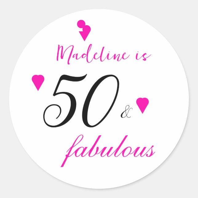 Sticker Rond Pink 50 fabuleux coeurs typographie 50e anniversai (Devant)