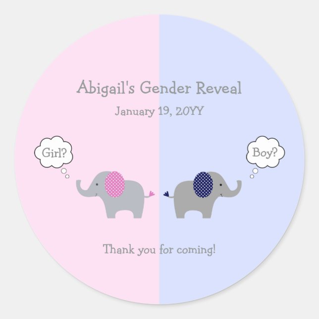 Sticker Rond Pink and Blue Elephant Gender Reveal Baby (Devant)