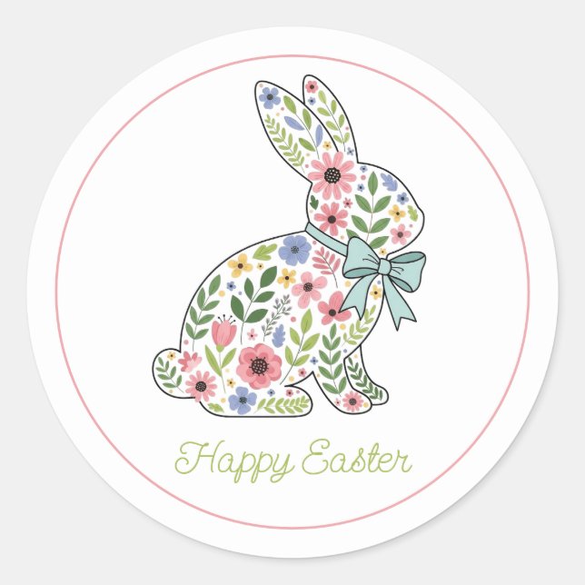 Sticker Rond Pink and Blue Wildflower Easter Rabbit (Devant)