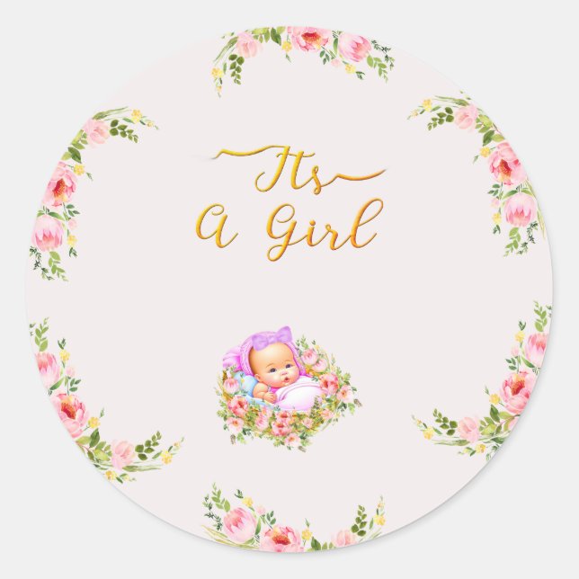 Sticker Rond Pink and Gold Flower thème c'est un baby shower fi (Devant)