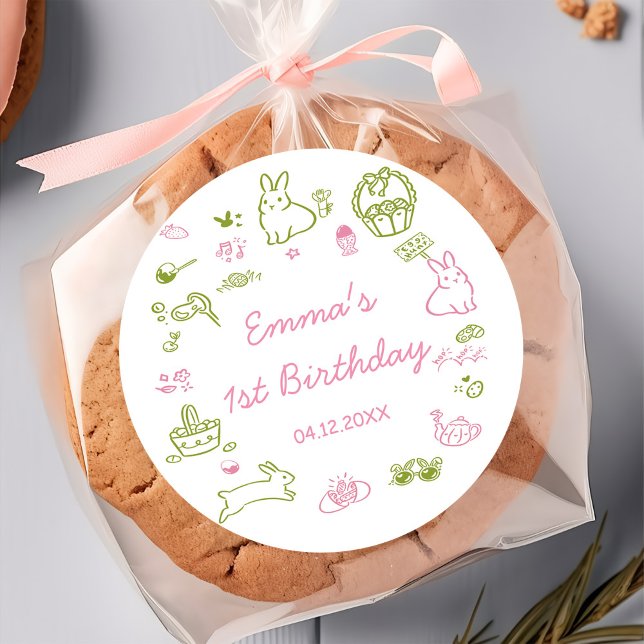 Sticker Rond Pink and Green Easter 1st Birthday Party  (Créateur téléchargé)
