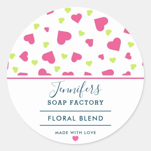 Sticker Rond Pink and Green Hearts Motif bougie Scent savon (Devant)