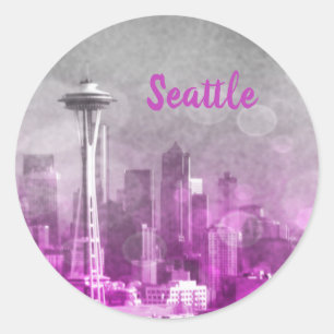 Sticker Rond Pink and Grey Bokeh Seattle Skyline