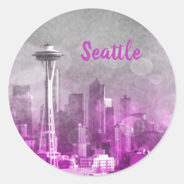 Sticker Rond Pink and Grey Bokeh Seattle Skyline (Devant)