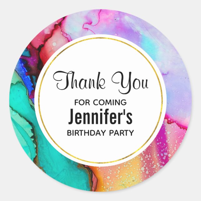 Sticker Rond Pink and Turquoise Marble Abstract Watercolor (Devant)