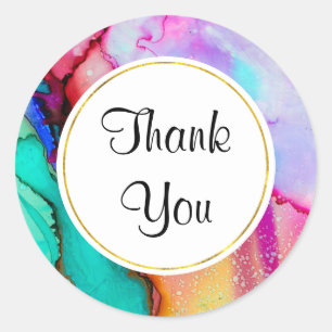 Sticker Rond Pink and Turquoise Marble Abstract Watercolor