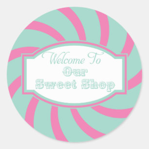 Sticker Rond Pink Aqua Bienvenue dans notre magasin de bonbons
