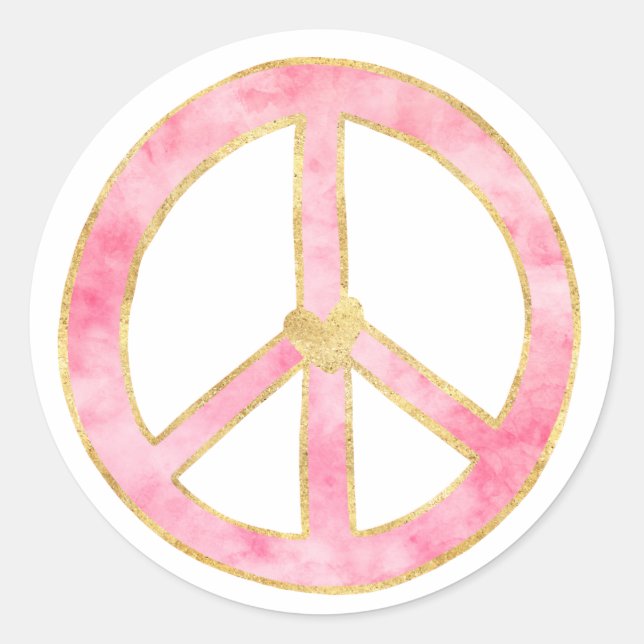 Sticker Rond Pink Aquarelle or Paix Signal Coeur (Devant)