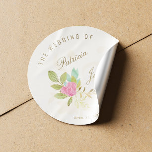 Sticker Rond Pink aquarelle rose or script d'esperie et mariage