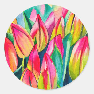 Sticker Rond Pink aquarelle tulipe art