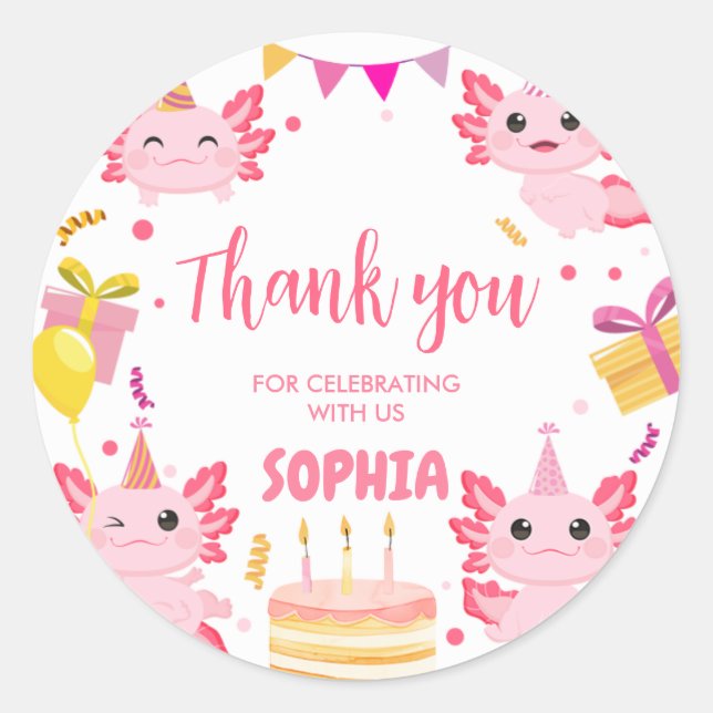 Sticker Rond Pink Axolotl Alotl fête d'anniversaire (Devant)