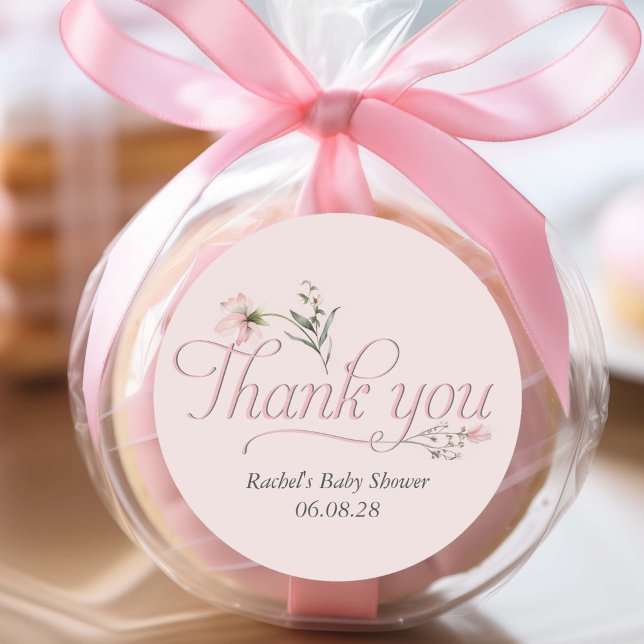 Sticker Rond Pink Baby Girl Shower Élégant script merci (Elegant Pink Wildflower, Baby Girl shower favor thank you stickers.)