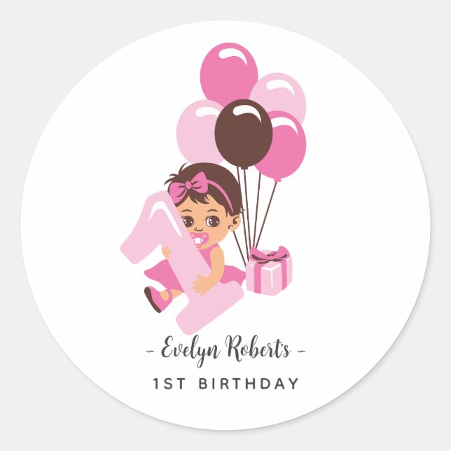 Sticker Rond Pink Balloon Baby Girl First Birthday (Devant)