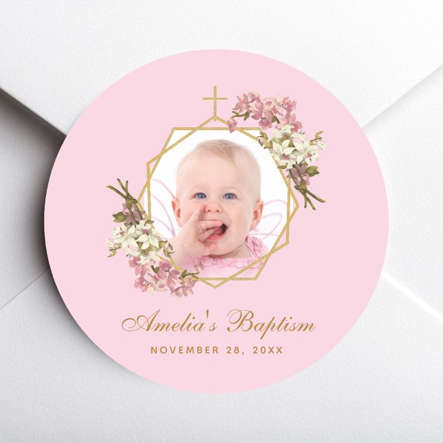 Sticker Rond Pink Baptism Girl Photo Gold Cross Orchids Floral (Créateur téléchargé)