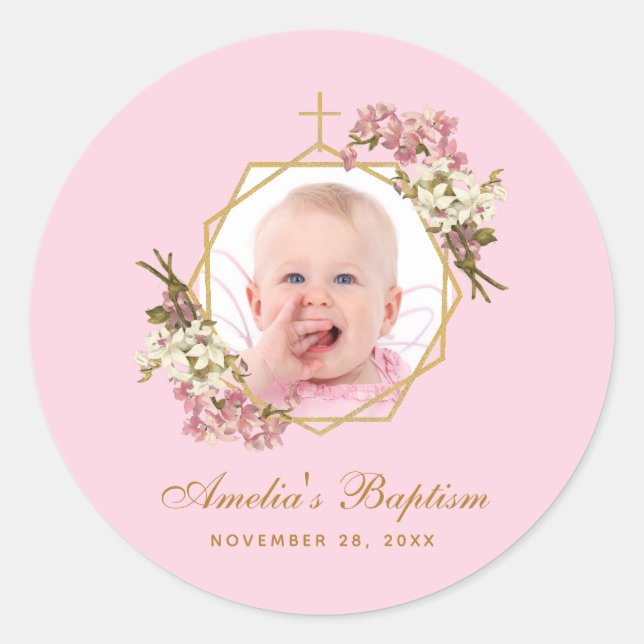 Sticker Rond Pink Baptism Girl Photo Gold Cross Orchids Floral (Devant)