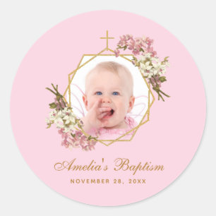 Sticker Rond Pink Baptism Girl Photo Gold Cross Orchids Floral